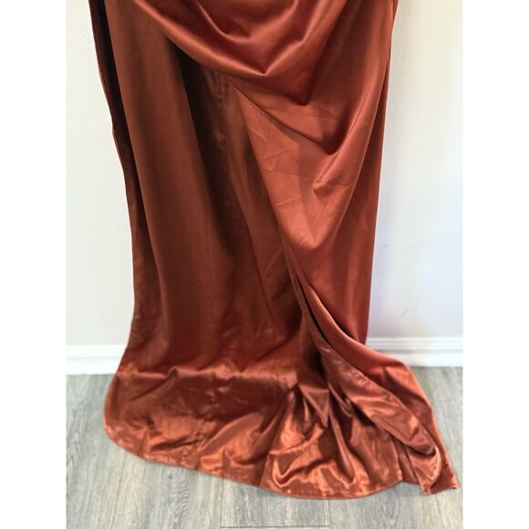 Fashionova Adriana Satin Gown Size M Orange Maxi Ruched Eveningwear Formal Prom - Picture 2 of 13